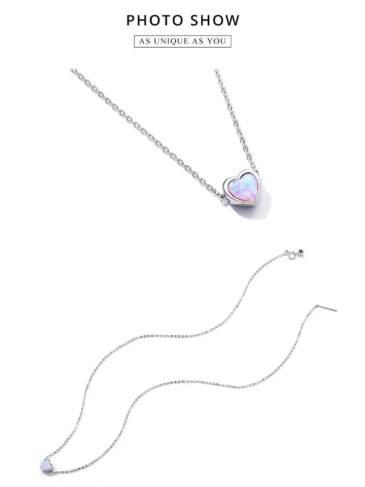 Genuine 925 Sterling Silver Opal Heart Pendant Necklace for Women Fine Jewelry Anniversary Gift