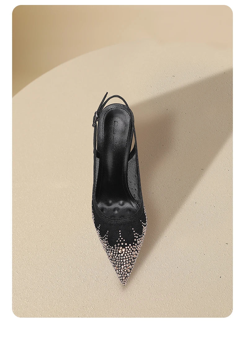 New Baotou sexy sandals with one buckle and summer mesh, rhinestone high heels for women, slim heels, shallow mouth