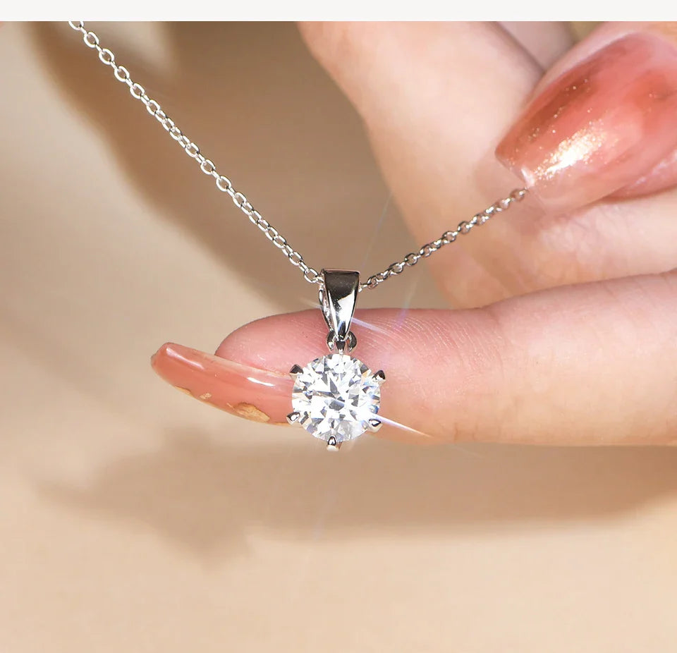 925 Silver Rhodium plating 1 Carat VVS1 Diamond Test Round Shape Moissanite Pendant Necklace Women Classic Gemstone Necklace
