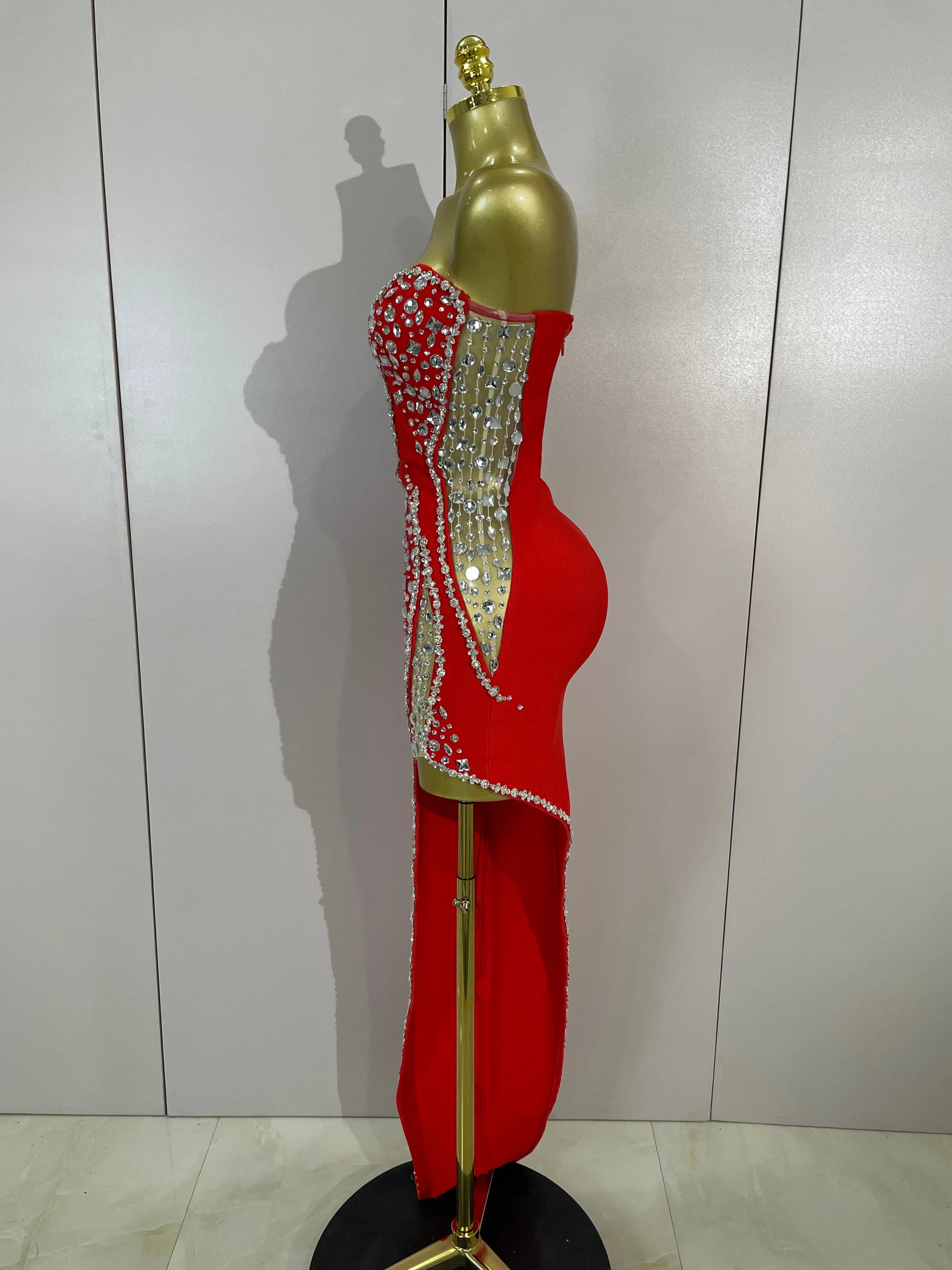 Newest High Quality Sexy Strapless Shinning Rhinestones Bodycon Bandage Long Dress Women Fashion Celebrate Evening Party Vestido
