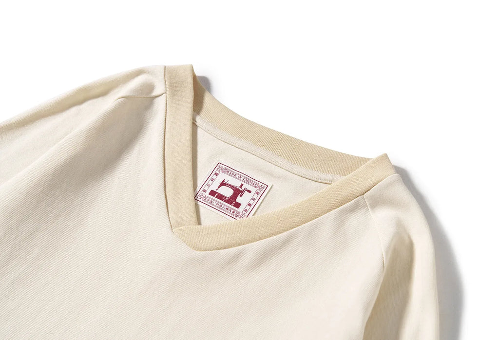 300G Combed Cotton Long Sleeved T-shirt for Men, V-neck Long Sleeved Base Shirt, Loose Basic Style, Heavy-duty Washed