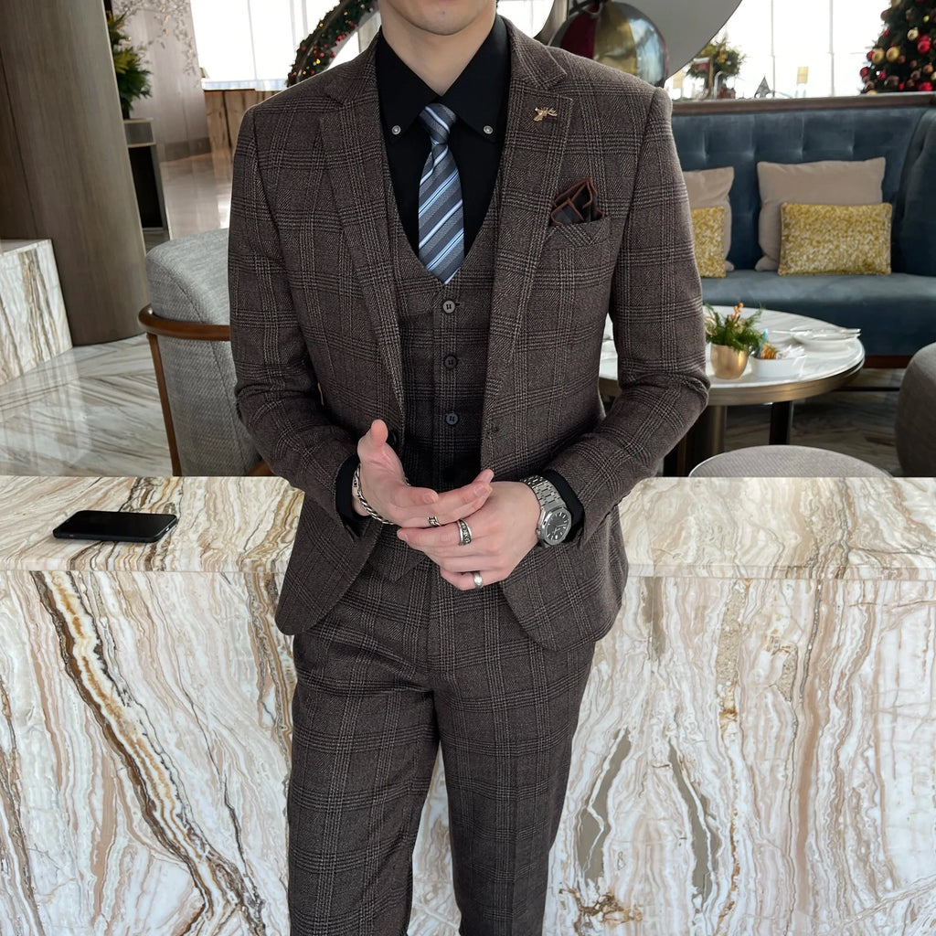 British Modified Plaid Three-Piece Suit for Men - Stylish Business Casual Suit Vest And Trousers Set