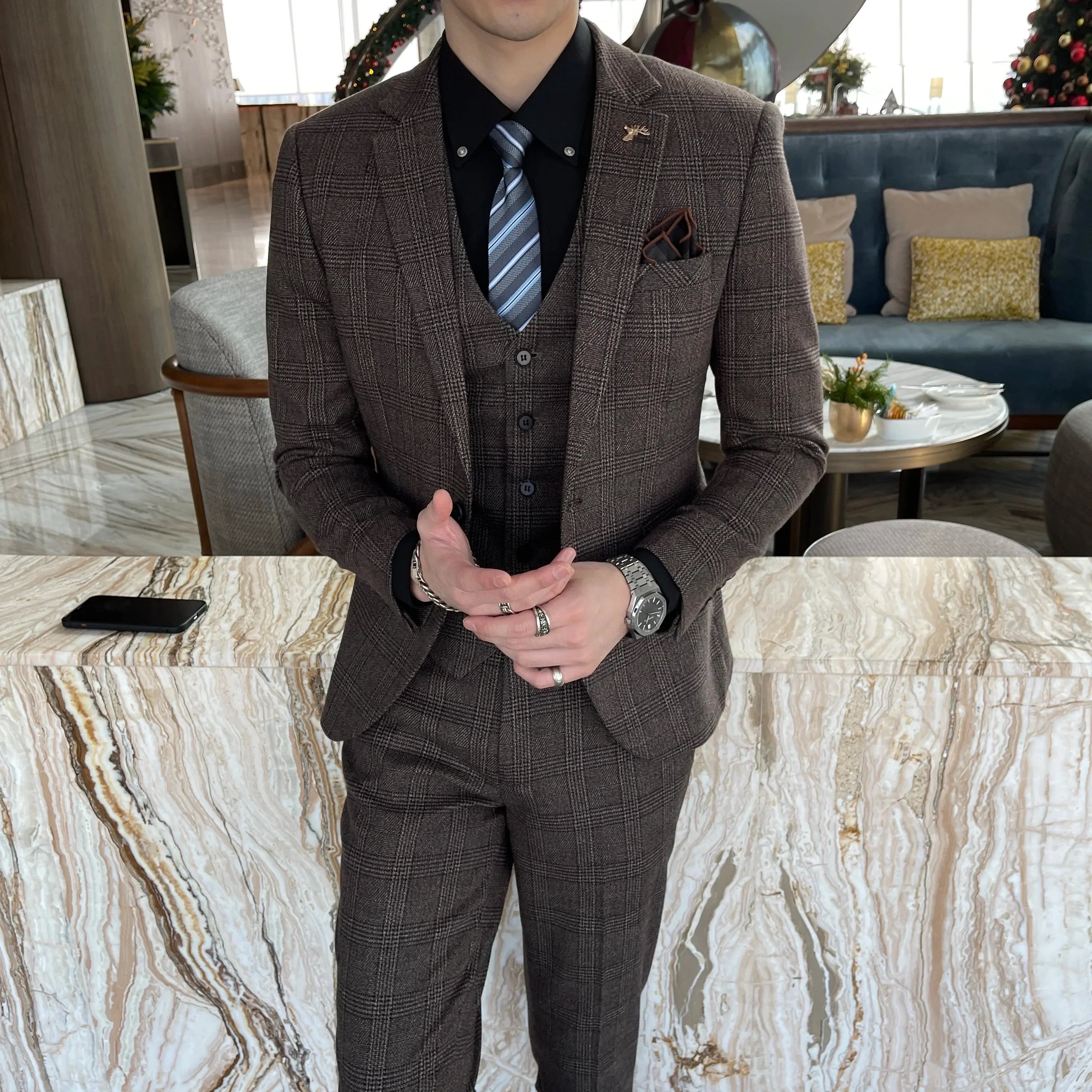 British Modified Plaid Three-Piece Suit for Men - Stylish Business Casual Suit Vest And Trousers Set
