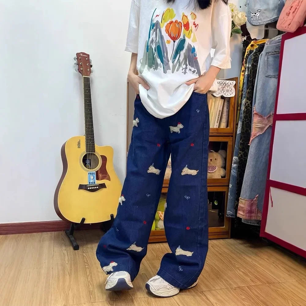 Embroidered Dog Wide Leg Jeans High Waist Loose Straight Tube Pants