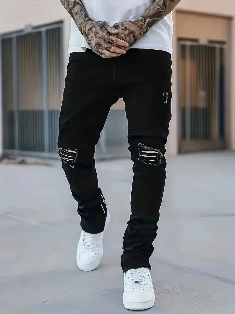 Men's Slim Fit Black Jeans - Street Style, Cotton Blend, Mid-Stretch Fabric, Ripped Detail, All-Season Wear