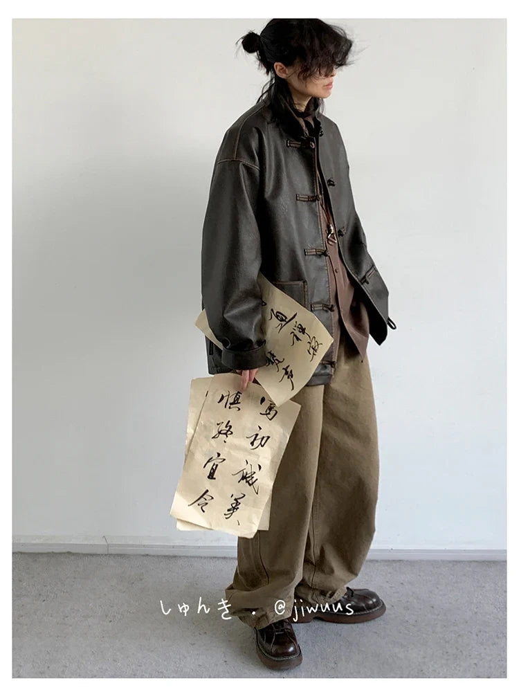 Spring Cool Oversized Vintage Distressed Pu Leather Jacket Men Elegant Luxury Designer Chinese Style Clothes 2024