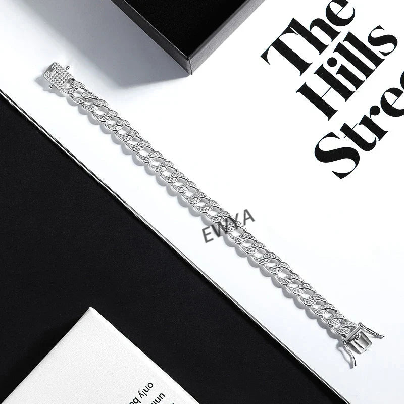 Full 1.2mm D Color Moissanite Cuban Chain Bracelet For Men Women S925 Silver Pass Diamond Test 8mm Wide Link Bracelets Gift
