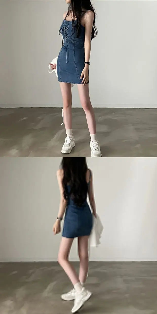 Summer Chic Design Off-oulder Denim Dr Women's Sexy Waist-Cinching Belted ort Skirt A-Line Cotton High Waist Korean Sle