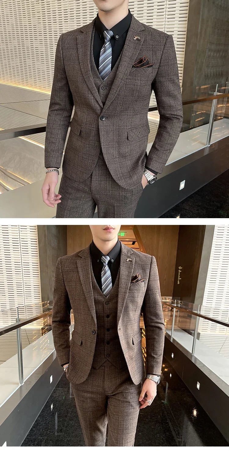 Checkered Suit (Blazer+Vest+Pants) Men's Fashion Hosting Work Business Wedding Casual Linen Art Style Elegant Gentleman's Suit