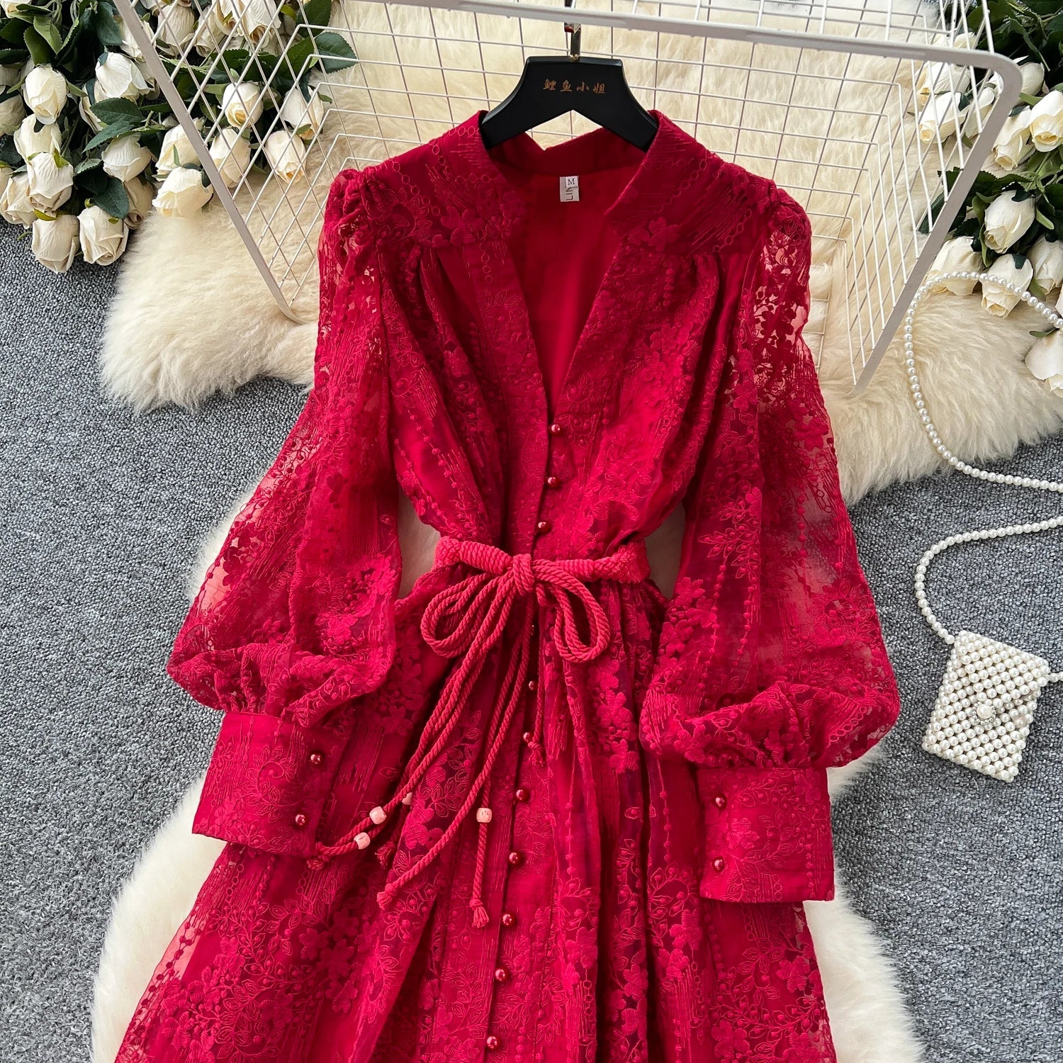 High-End Women's Dress Heavy Embroidery A-Line Long Skirt V-Neck Lantern Sleeve Single Button High Waist Korean Style Commute