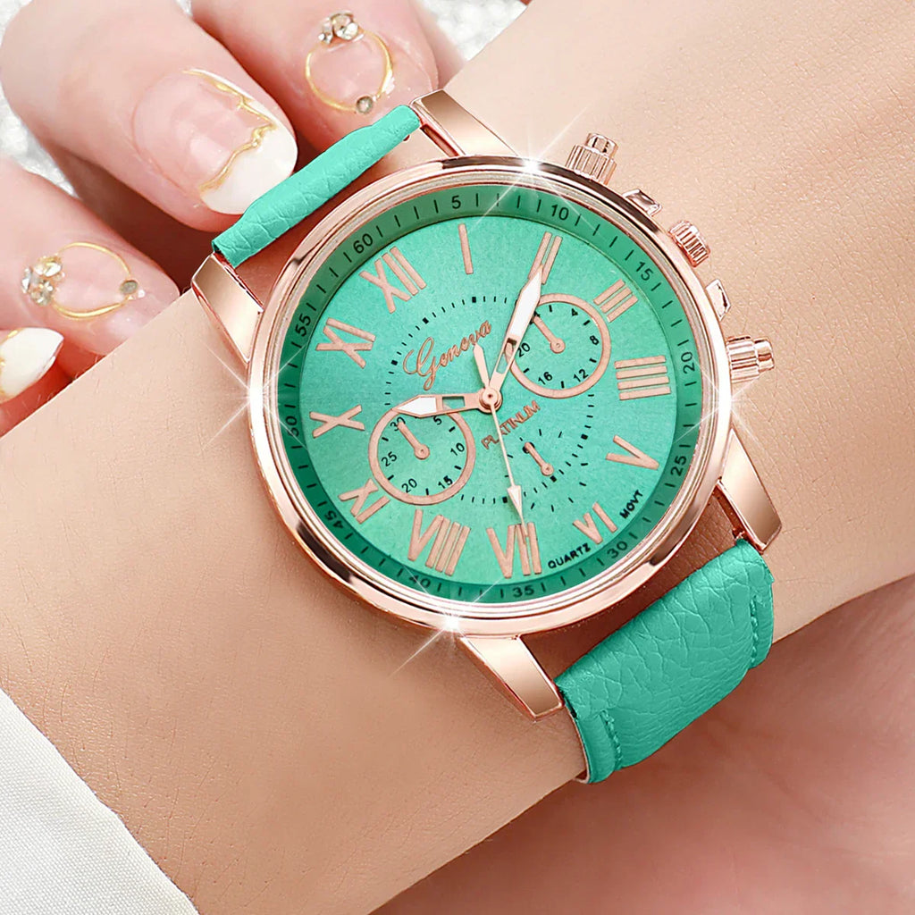 6PCS/Set Fashion Roma Dial Women's Quartz Watch Casual Leather Band Analog Wrist Watches（Without Box）