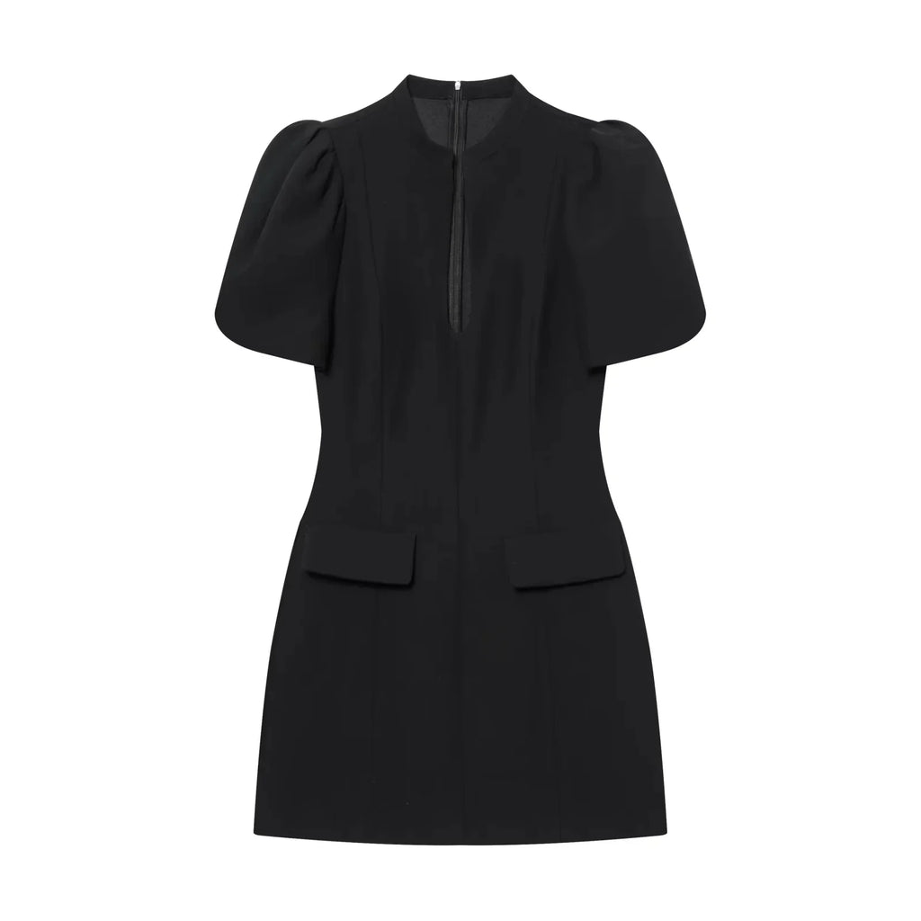 Elegant Holiday Chic Women Mini Dress Black O-Neck Zipper Short Puff Sleeve Dress Fashion 2026 Spring Summer Party Dress