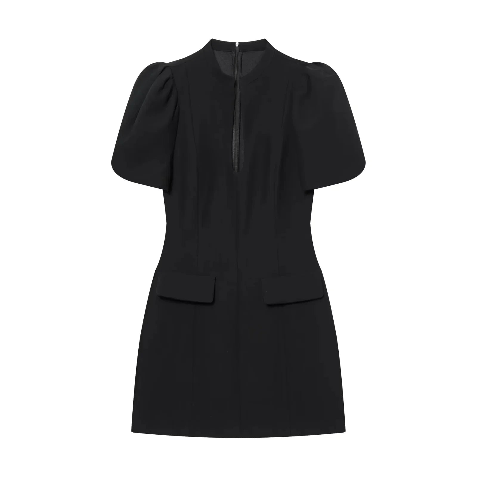 Elegant Holiday Chic Women Mini Dress Black O-Neck Zipper Short Puff Sleeve Dress Fashion 2026 Spring Summer Party Dress