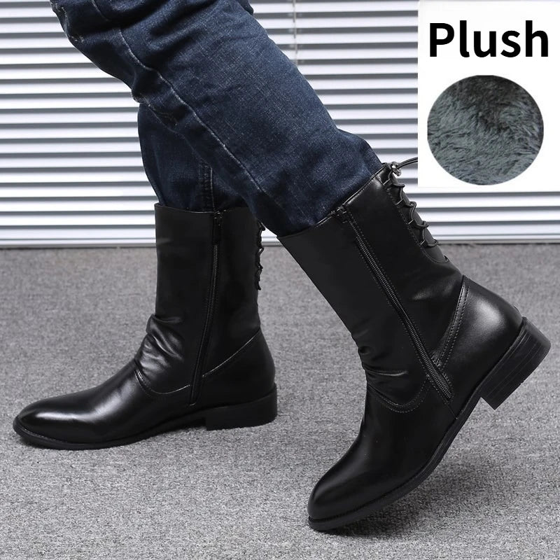 Men's Leather Boots High Quality Black Motorcycle Boots Designer Punk Rock Mid-calf Boots Fashion High Top Shoes Botas Masculino