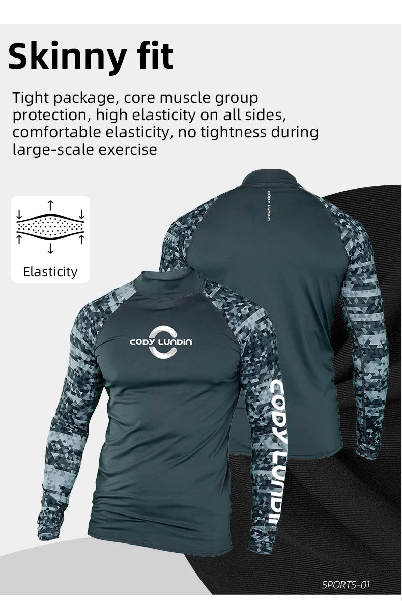 Men's UPF 50+ Compression Turtleneck Swimming Training Shirt Gym Fitness T-Shirt Surf Sports Rashguard Custom Logo Fishing Top