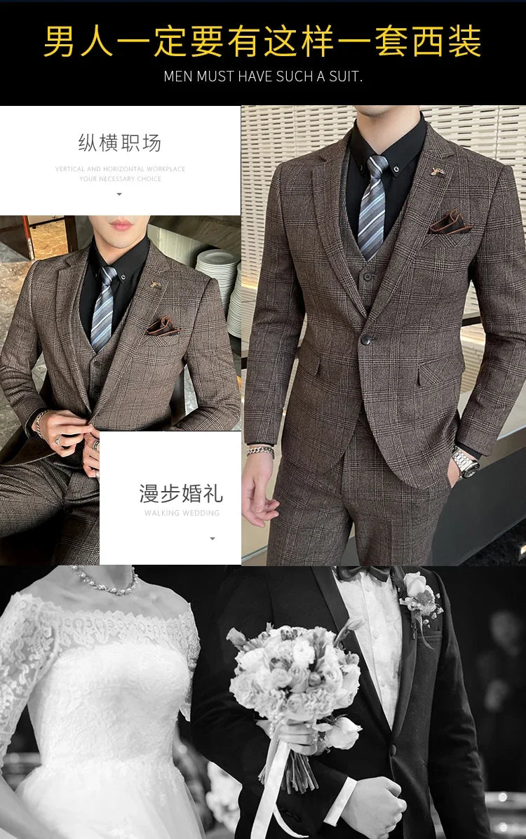 Checkered Suit (Blazer+Vest+Pants) Men's Fashion Hosting Work Business Wedding Casual Linen Art Style Elegant Gentleman's Suit