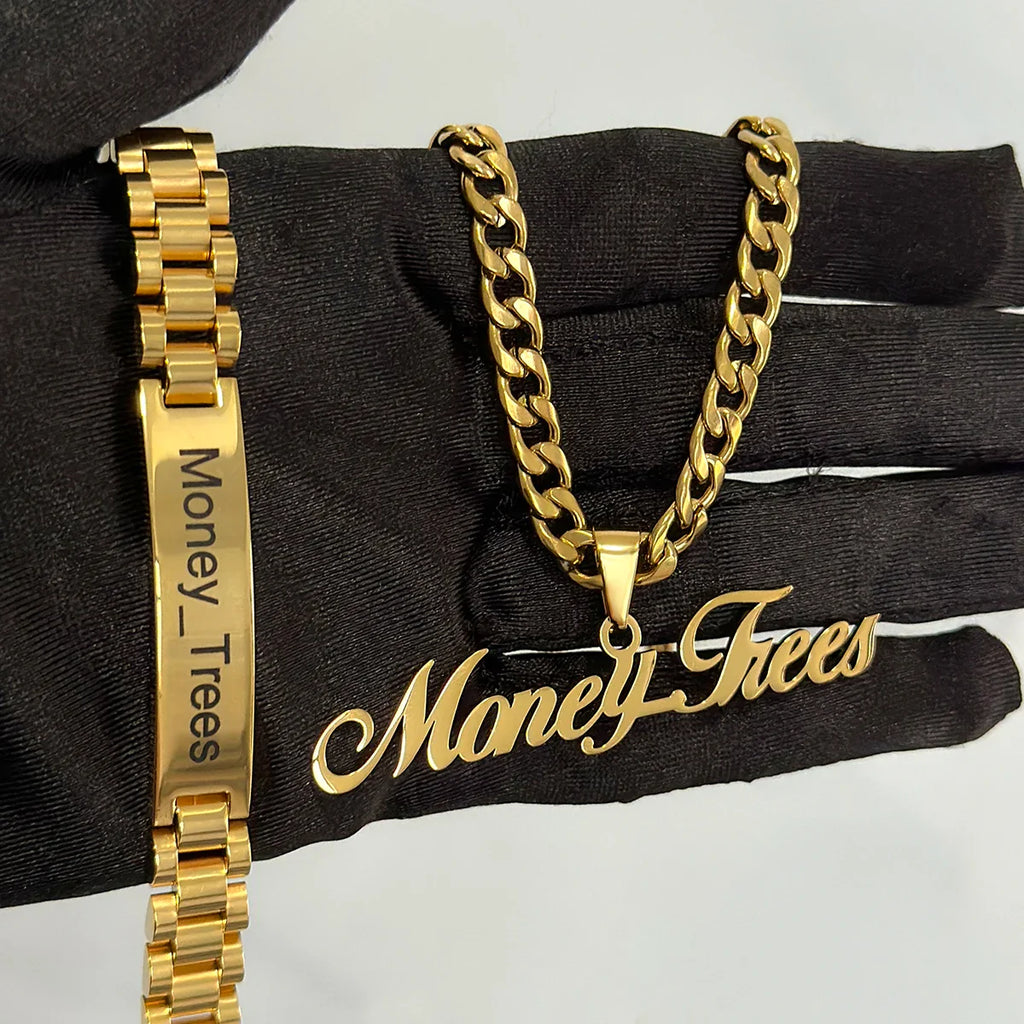 New Men's Name Bracelet Necklace Set Stainless 5mm Cuban Chain Large Nameplate Pendant Carved Name Bracelet Custom Set Jewelry