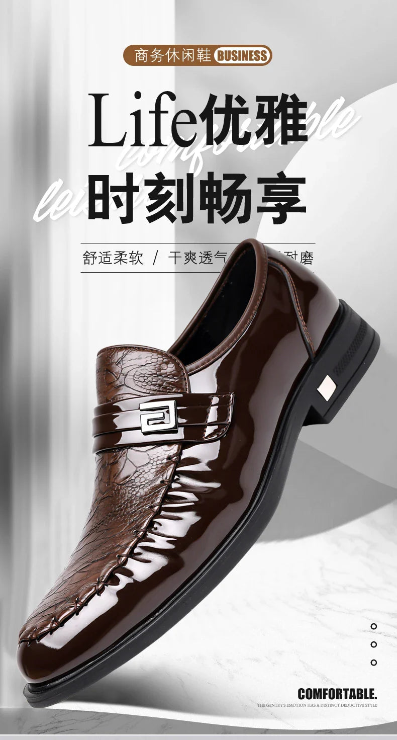 Men's Brown Crocodile Pattern Dress Shoes Patent Leather Slip-on Loafers Formal Business Wedding Oxfords for Men