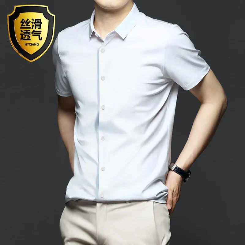 New Spring Summer Men's Shirt Non-Ironing Anti-Wrinkle Business Casual Solid Color Smooth Business Short Sleeves Work Shirt 5XL
