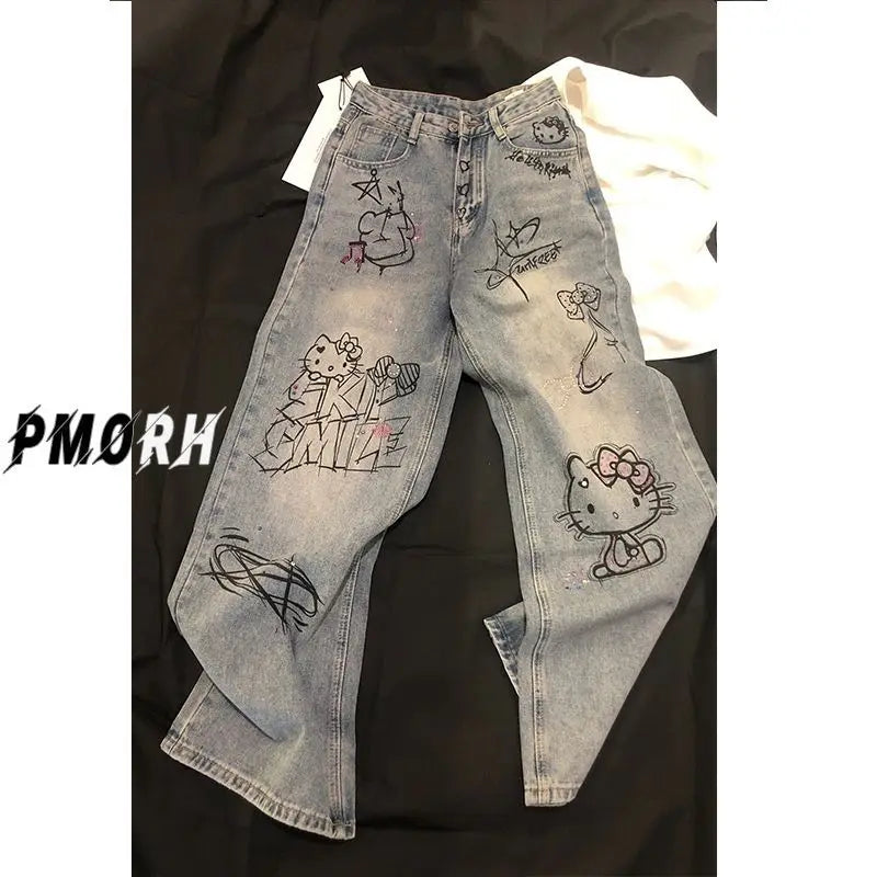 بنطلون أنمي واسع الساقين فضفاض Hello Kitty Sanrios Y2K