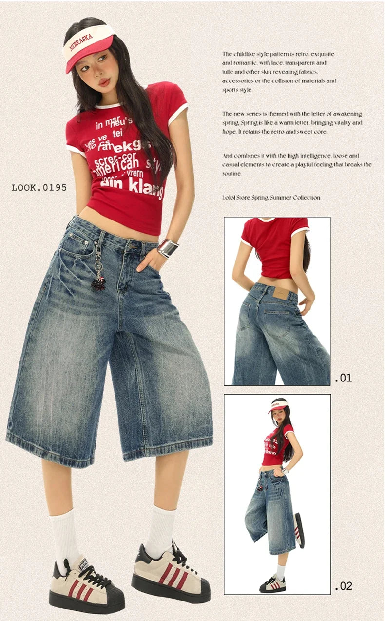 Vintage Washed Loose Straight Leg Denim Capri Men Women Lightning Print Streetwear Shorts