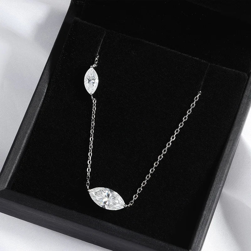 3CT Marquise Cut 2 Gems Full Moissanite Necklace for Women Bride Wedding Jewelry Lab Diamond Chain 925 Sterling Silver