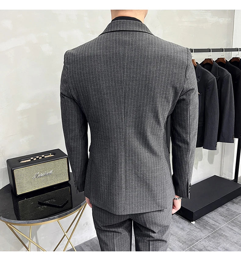 ( Blazer+Vest+Pants ) Groom Wedding Male Suit Luxury Brand Fashion Striped Men's Casual Business Office Double Breasted Suit