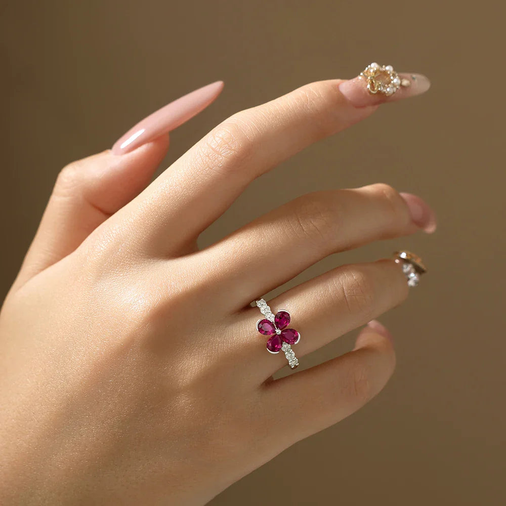 Original Teardrop Ruby Flower Ring ForWomen Pave Moissanite Engagement Rings 925 Sterling Silver Jewelry Gift For Party