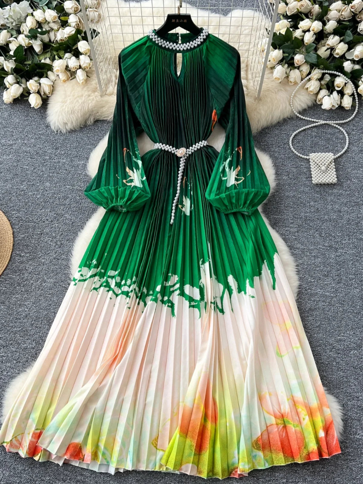 High-End Women's Dr Faionable Beaded round Ne Hollow out Pleated Lantern Sve Waist Cinched Floral Print Lon...