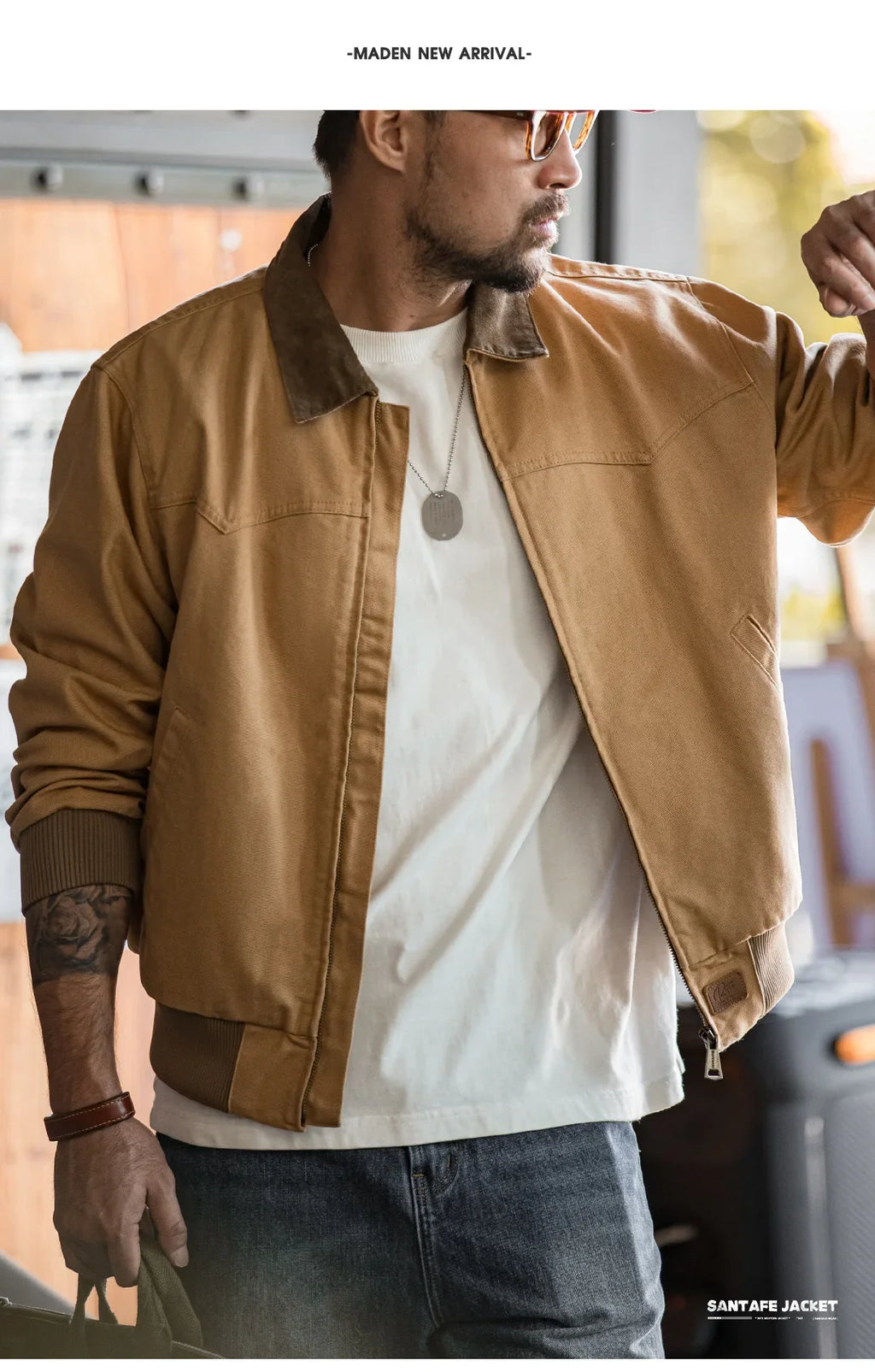 Retro Heavyweight Santafe Canvas Jackets Cotton Corduroy Lapel Ribbed Hem Cuffs Short Jacket for Men's Autumn Overcoat