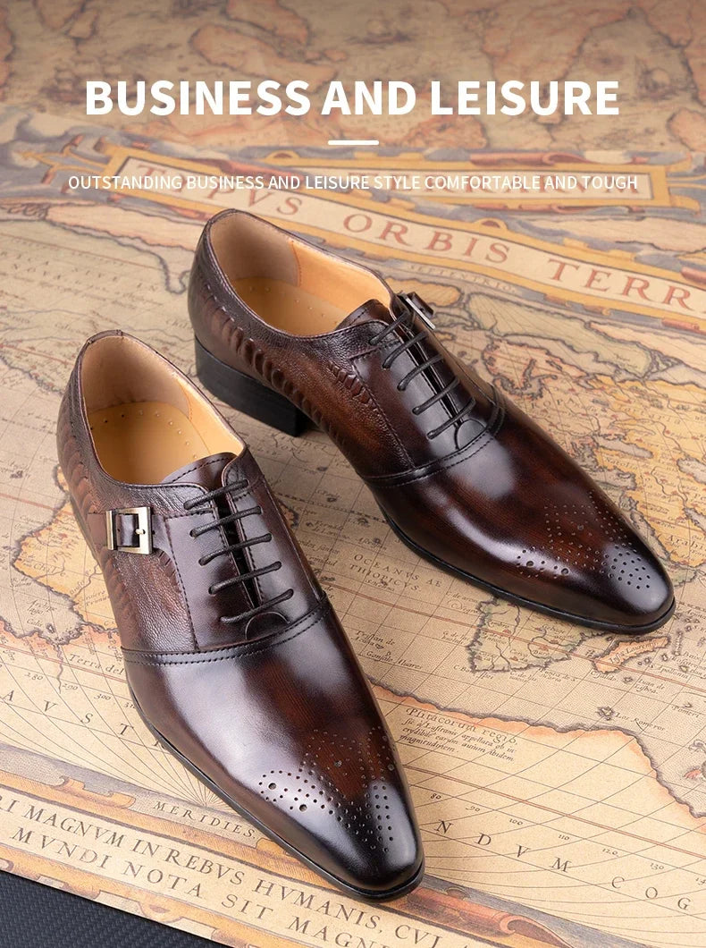 Male Genuine Leather Social Shoe Oxford Elegant Man Dress Shoes Hand Lace-up Pointed Party Wedding Shoes Black Coffee Shoes