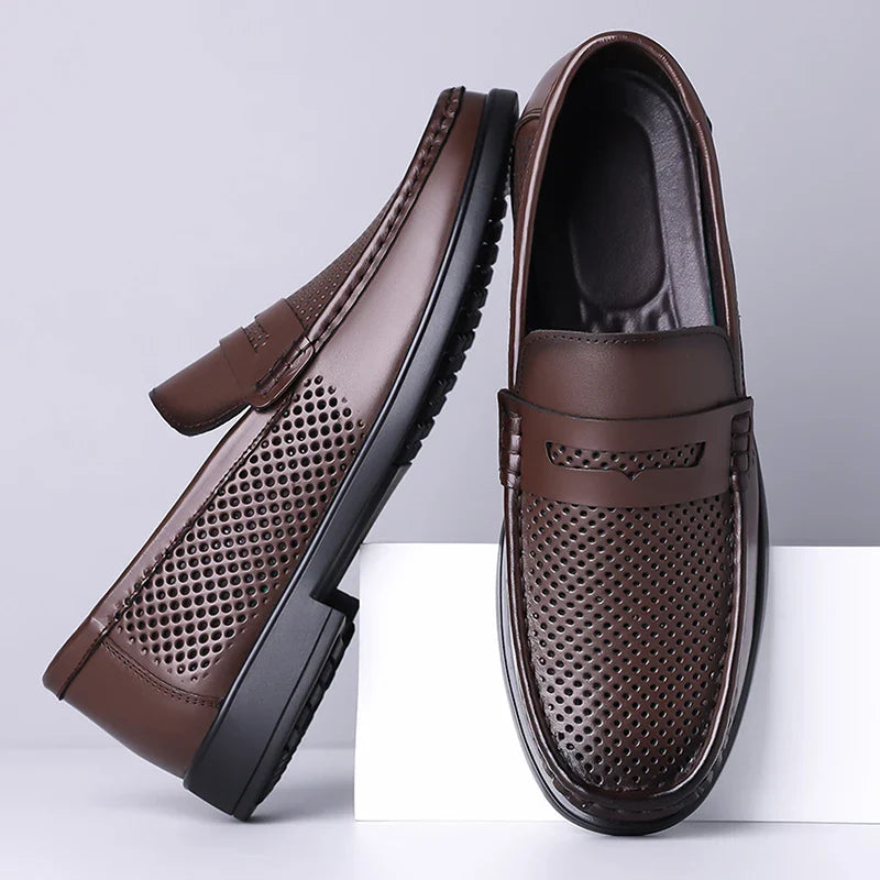 2026 Summer Mens Leather Loafers Slip on Casual Shoes Breathable Moccasins Comfortable Walking Office Flats Male Walking Shoes