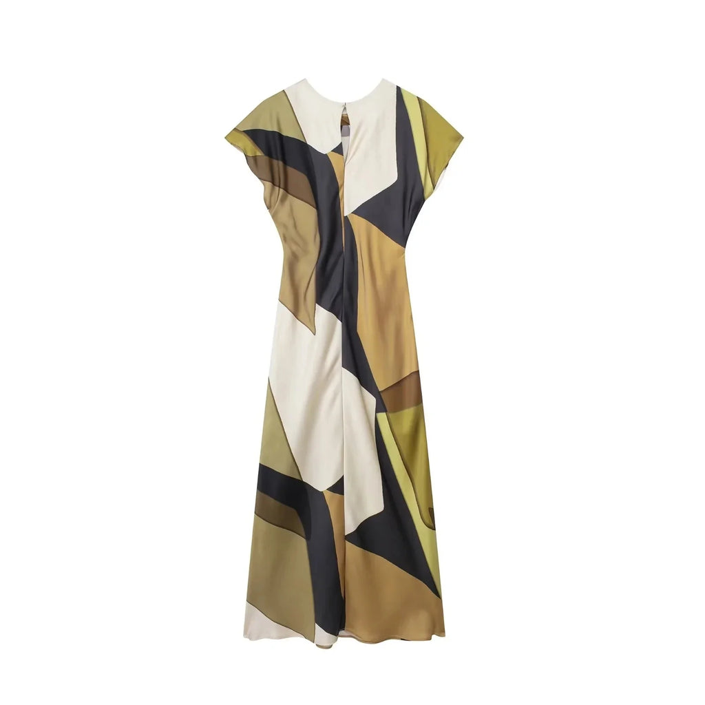 2024 Summer Women Dress Fashion Vintage Print O-Neck Midi Dress Waist Cinched Casual Chic Woman Elegant Dresses