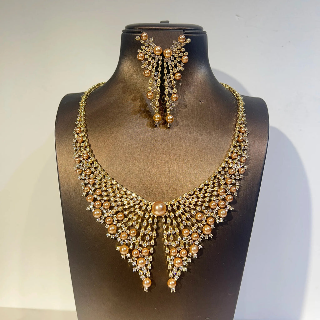 Luxury Cubic Zirconia 2pcs Pearl Necklacе Nigeria Dubai Bridal Wedding Jewellery Sets For Women Party  Accessories