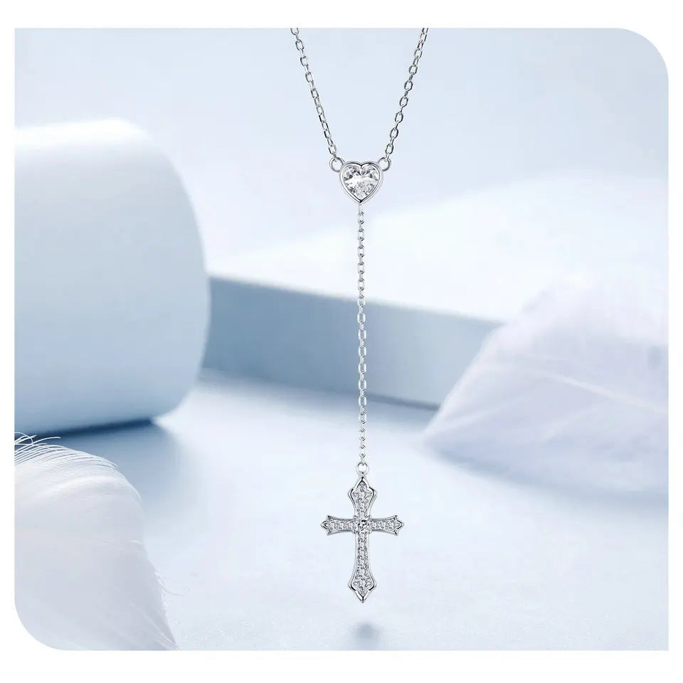925 Sterling Silver Delicate Heart-shaped Pendant Necklace Y-shaped Cross Chain Necklace for Women Party Dainty Jewelry