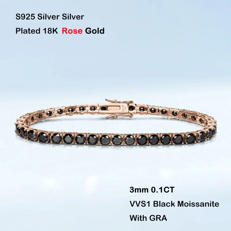 GRA Certified 3mm 0.1CT Gradient Color Black Grey White Moissanite Tennis Bracelet for Men Woman 925 Silver Link Bracelets