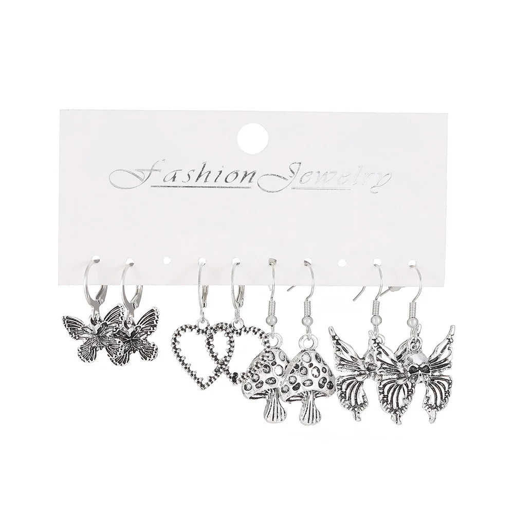 10PCS Set Personality Goth Black Butterfly Snake Heart Dangle Earring for Women Vintage Charm Hoop Earring Punk Jewelry Y2k Gift