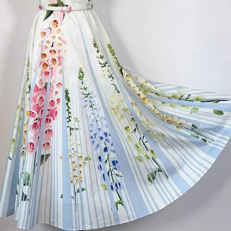 2026 Spring Women's New Fashionable Round Neck Sleeveless Printed Cotton Belt Waist cinching Dress ﻿