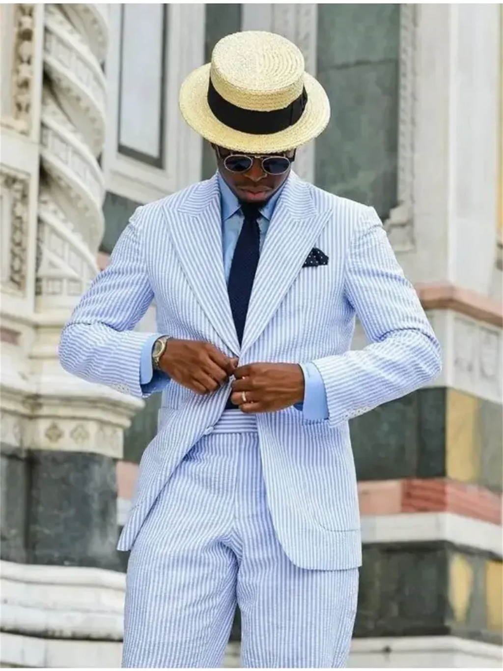 2 Pieces  Casual Men Suits Seersucker Stripe Outfits Custom Wedding Groom Tuxedo Costume Homme Peaked Lapel Jacket+Pants