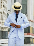 2 Pieces  Casual Men Suits Seersucker Stripe Outfits Custom Wedding Groom Tuxedo Costume Homme Peaked Lapel Jacket+Pants
