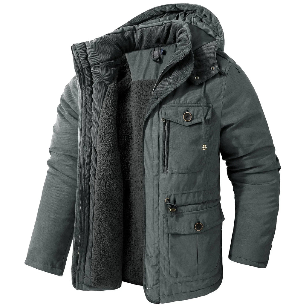 Men's Jacket WINTER USA SIZE Large SIZE Lamb Fleece JACKETS Hooded Cotton Thickened Multi Pocket Casual Mid length Coat