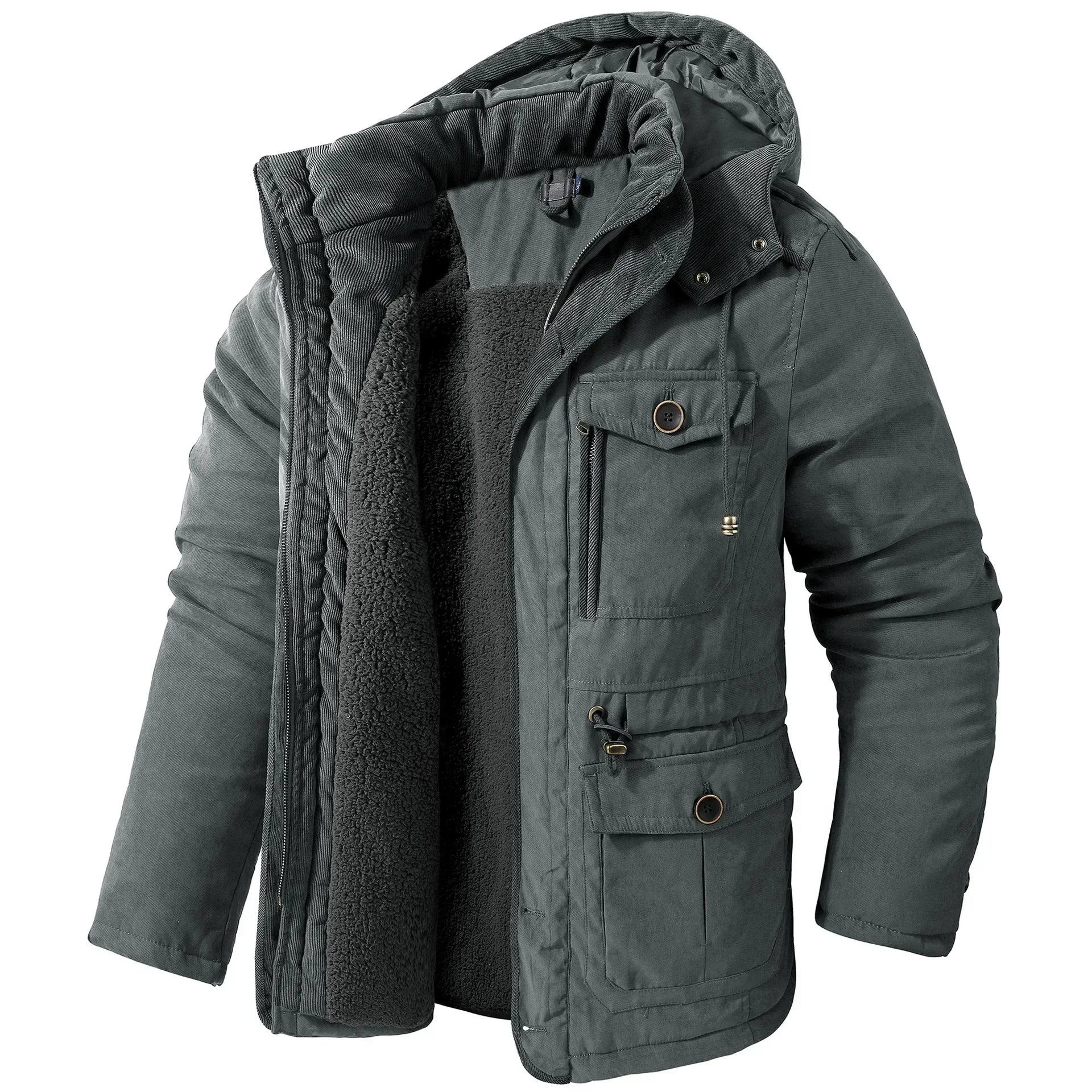 Men's Jacket WINTER USA SIZE Large SIZE Lamb Fleece JACKETS Hooded Cotton Thickened Multi Pocket Casual Mid length Coat