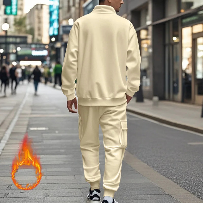 2024 autumn and winter men's casual velvet warm zipper sports trousers set