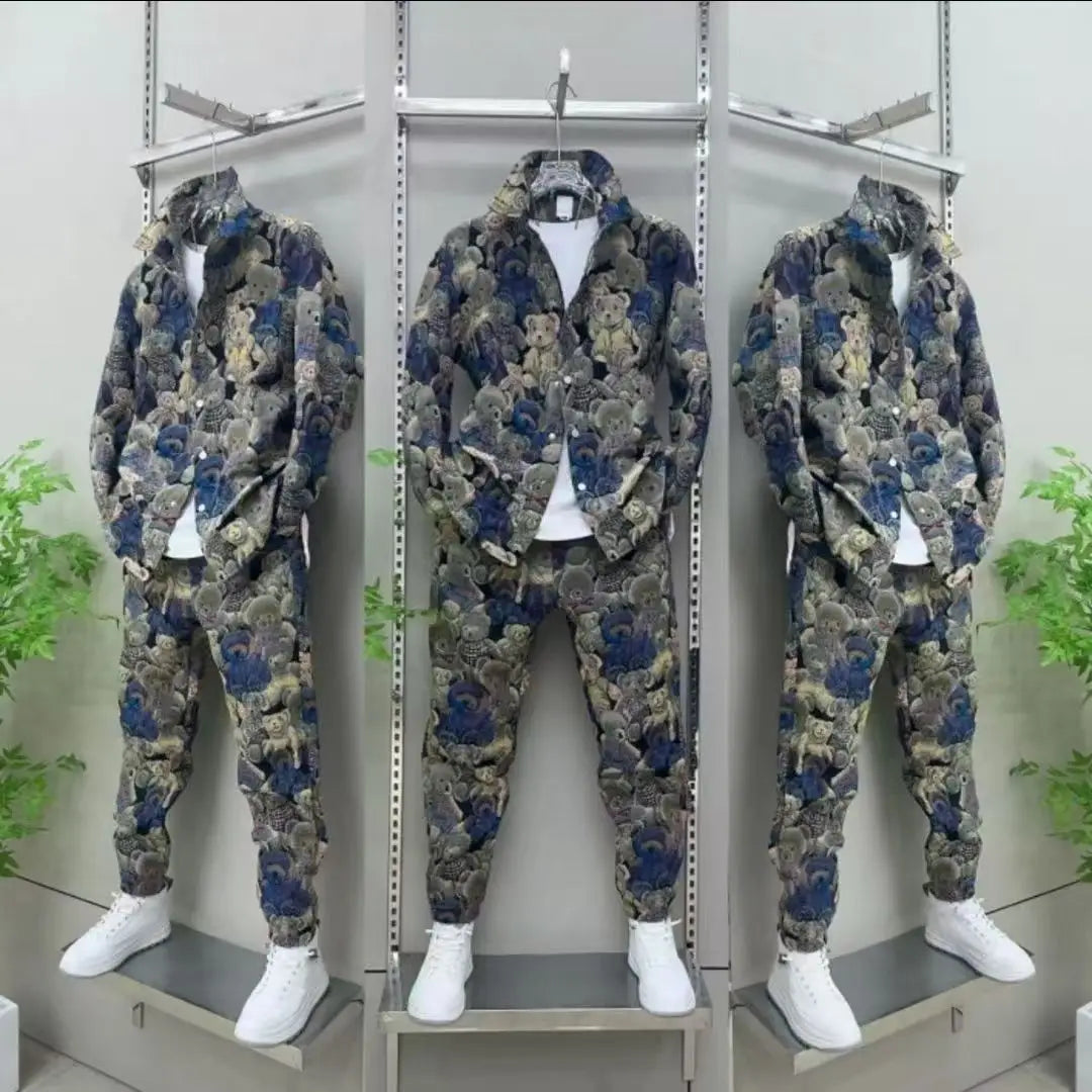 Spring Autumn Men's Sets Fashion Bear Printing Jacket  Trousers Two-Piece Leisure Sports Suit