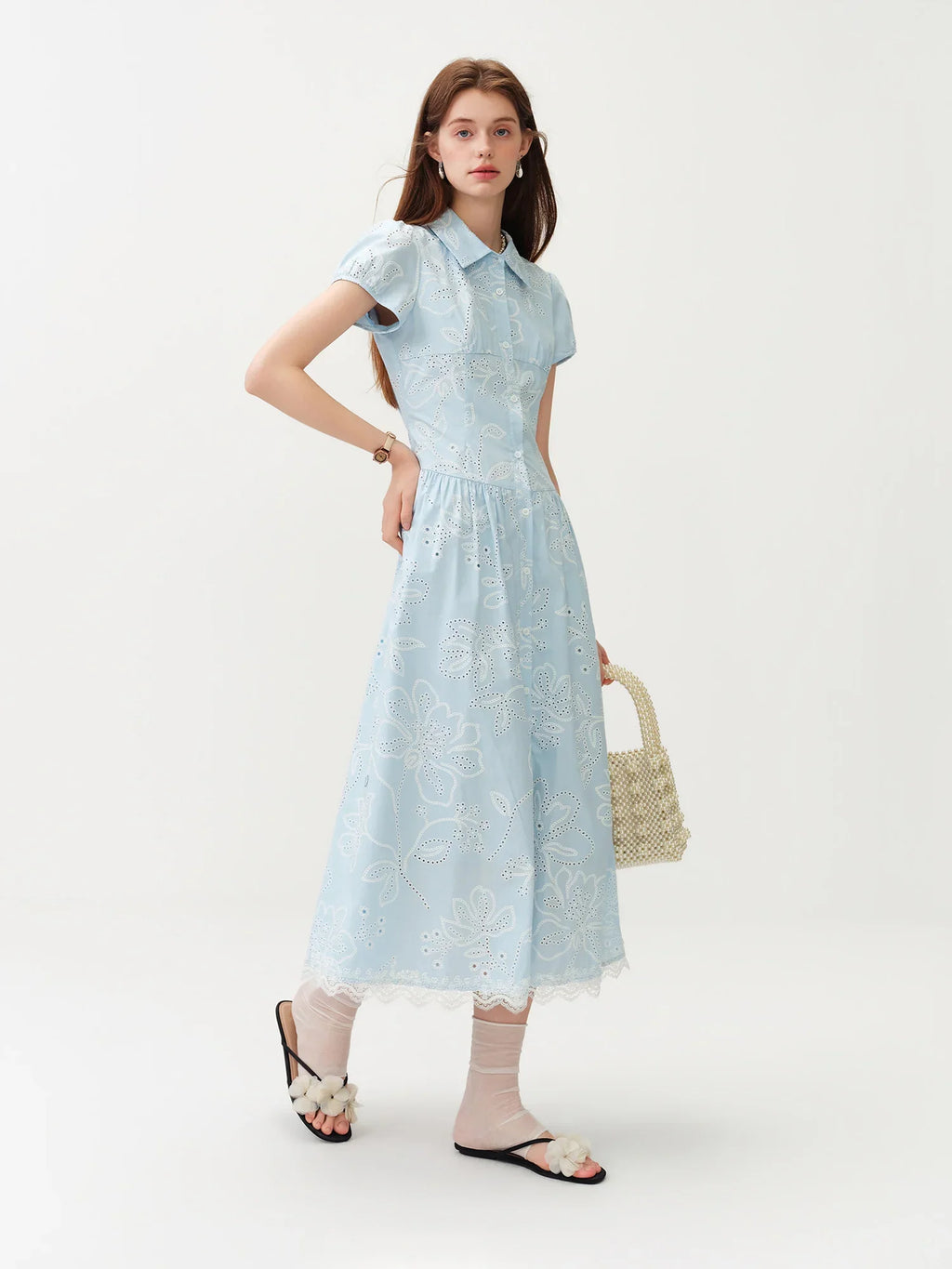 Women's Light French Style Cotton Lapel Hollow-out Print Waist-Fitted Short Sleeve Shirt Dress 2026 Summer New Arrival