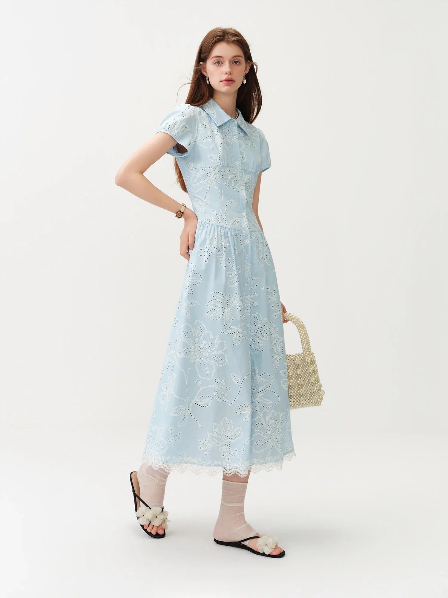 Women's Light French Style Cotton Lapel Hollow-out Print Waist-Fitted Short Sleeve Shirt Dress 2026 Summer New Arrival