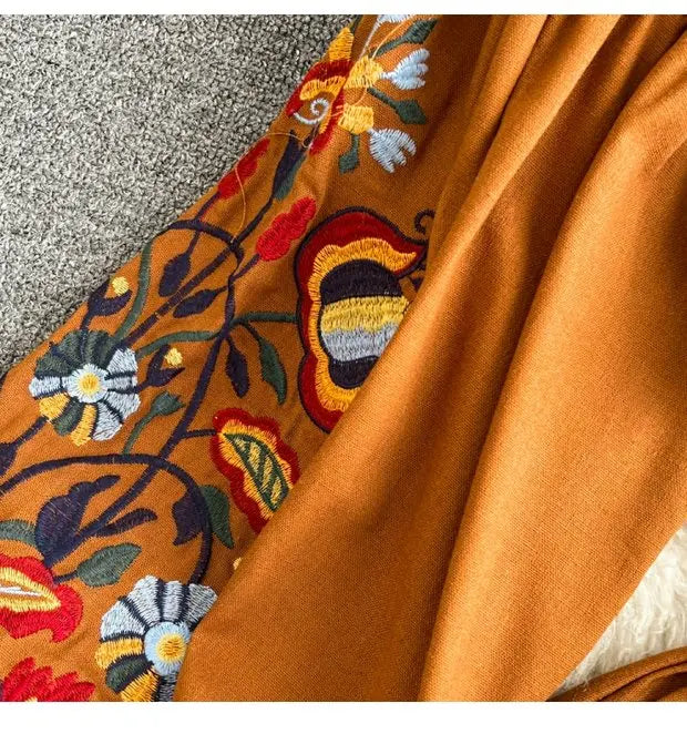 Retro Ethnic Sle Long Sve Embroidered round Ne A-Line Cotton Linen Dr Slimming Waist Cinched Ele Long Dr