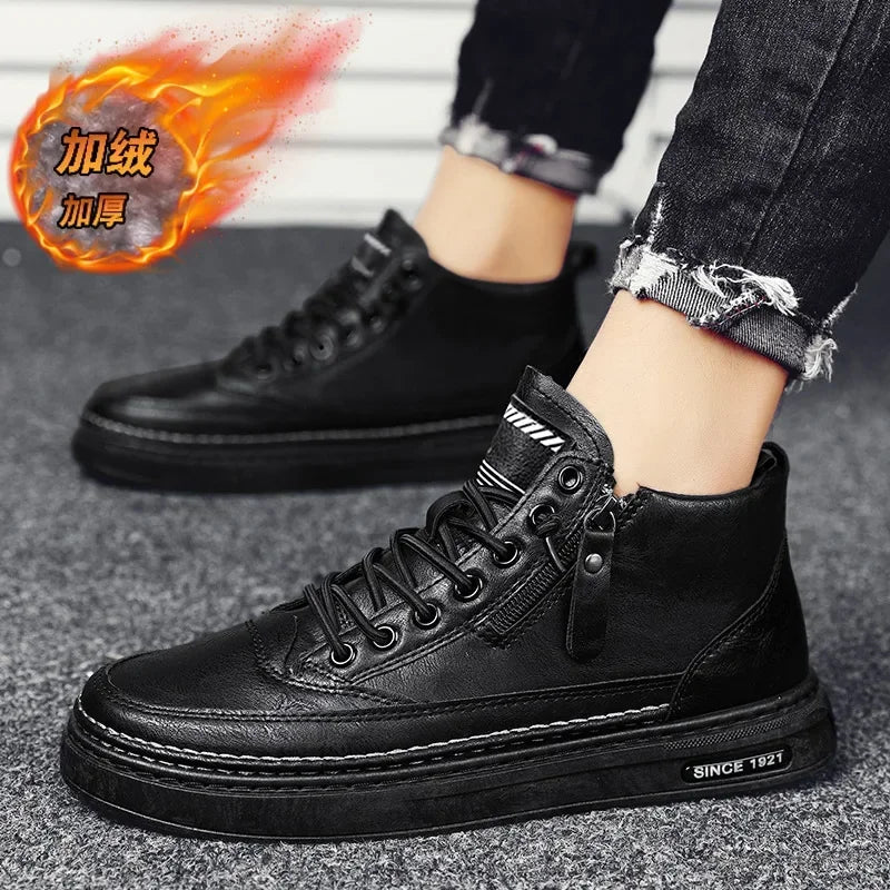 Leather Boots Men Spring High Casual Shoes for Men Trend Zipper Walk Flats Winter Shoes Vulcanized Ankle Boots New Zapatillas552