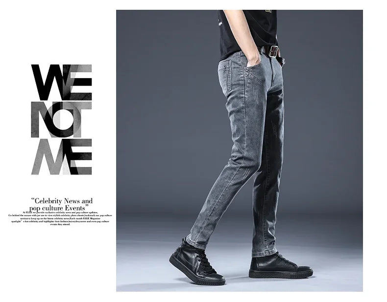 2026 New Gray Skinny Jeans Men's Slim Elastic Korean Fashion Vintage Casual Feet Male Clothing Denim Trousers 27-36