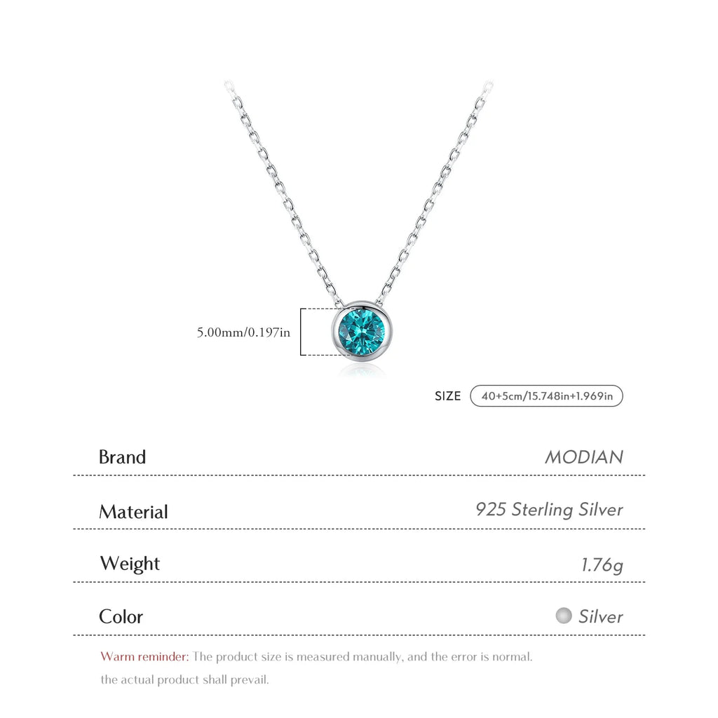 925 Sterling Silver Teal Round Zirconia Pendant Necklace White Gold Plated Neck Link Chain For Women Party Jewelry Gift